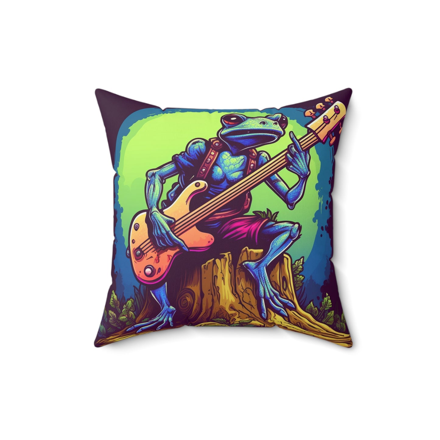 Frog Log Retro Graphic Trippy Musician Instrument Guitar Player Spun Polyester Square Pillow