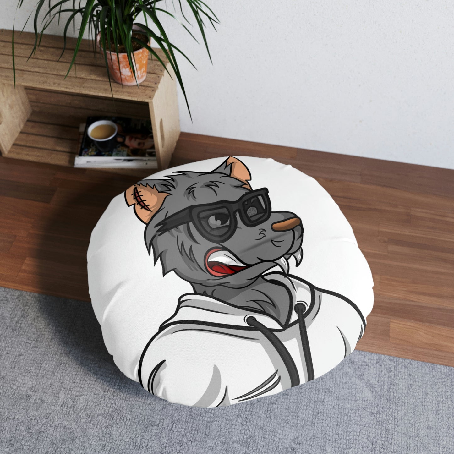 Cyborg Wolf Black Shades White Sweatshirt Wolve Tufted Floor Pillow, Round