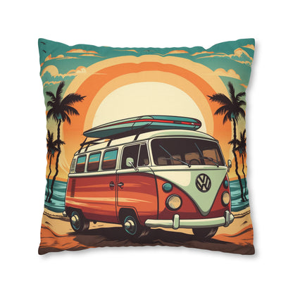 Retro Beach Camper Van - Sunset Surfboard Scene Spun Polyester Square Pillow Case