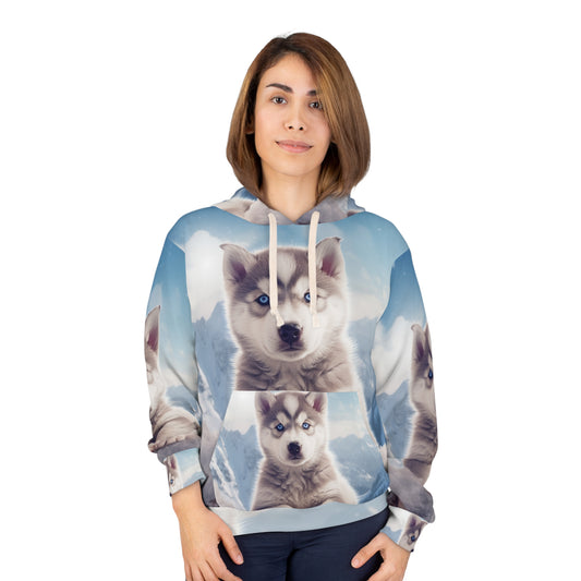 Husky Puppy Winter Wonder - Sudadera con capucha unisex con fondo de montaña nevada (AOP) 