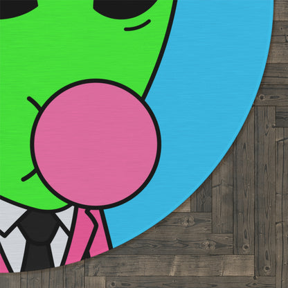 Pink Suit Bubble Gum Visitor Green Alien with Yellow Cap Round Rug - Visitor751