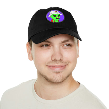 Visitor Green Alien Space Traveler Dad Hat with Leather Patch (Round)