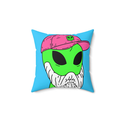 Almohada cuadrada de poliéster hilado cómico de dibujos animados de sombrero alienígena rosa de visitante verde barbudo