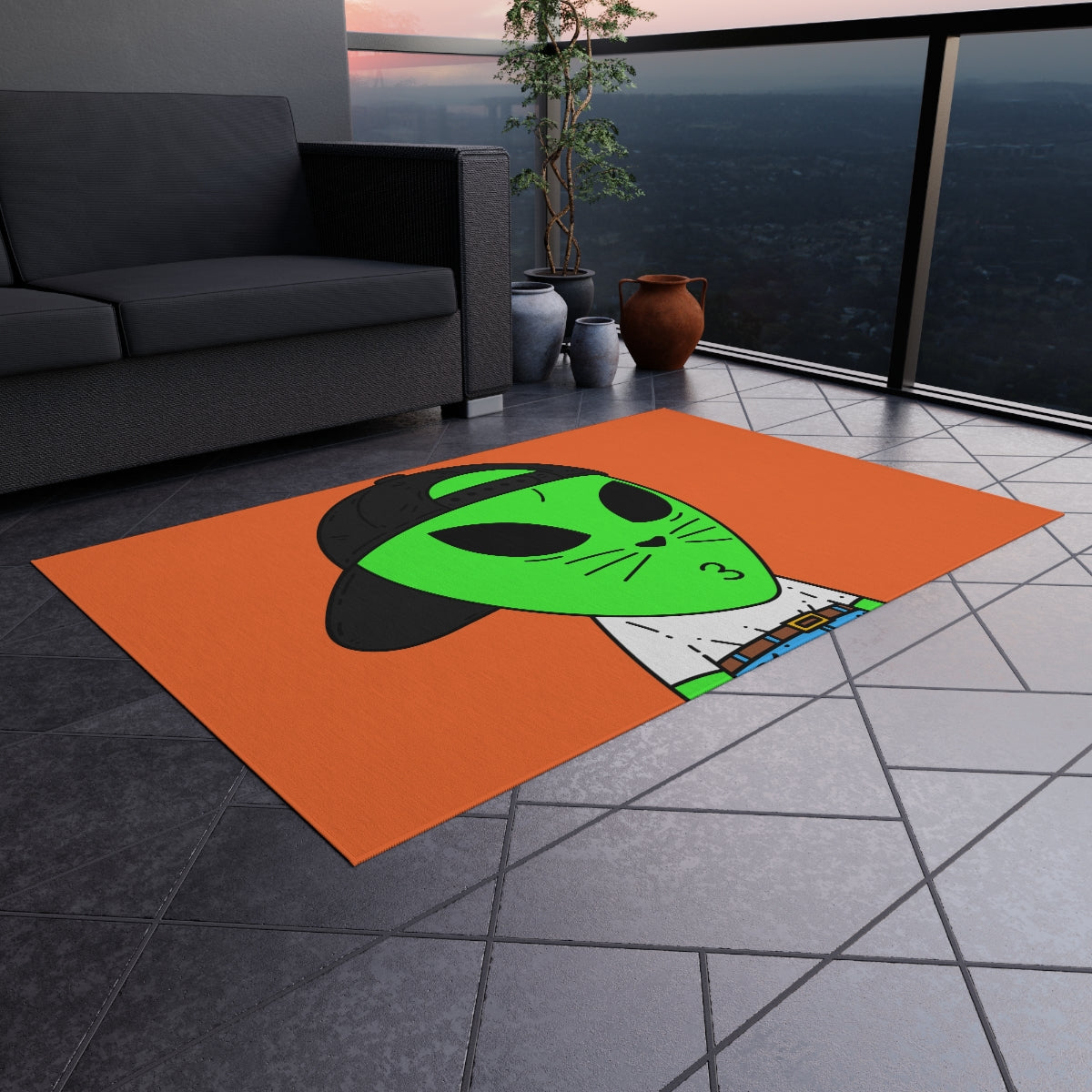 Cat Whiskers Visitor Green Alien Heart Nose Black Cap Outdoor Rug