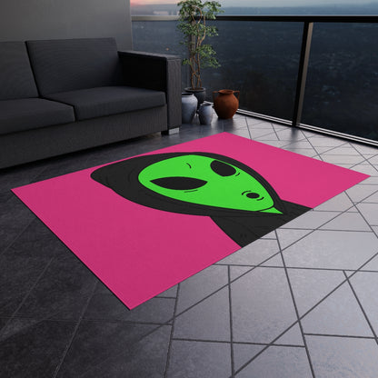 The Visitor Green Alien Black Hoodie Pink Background Outdoor Rug