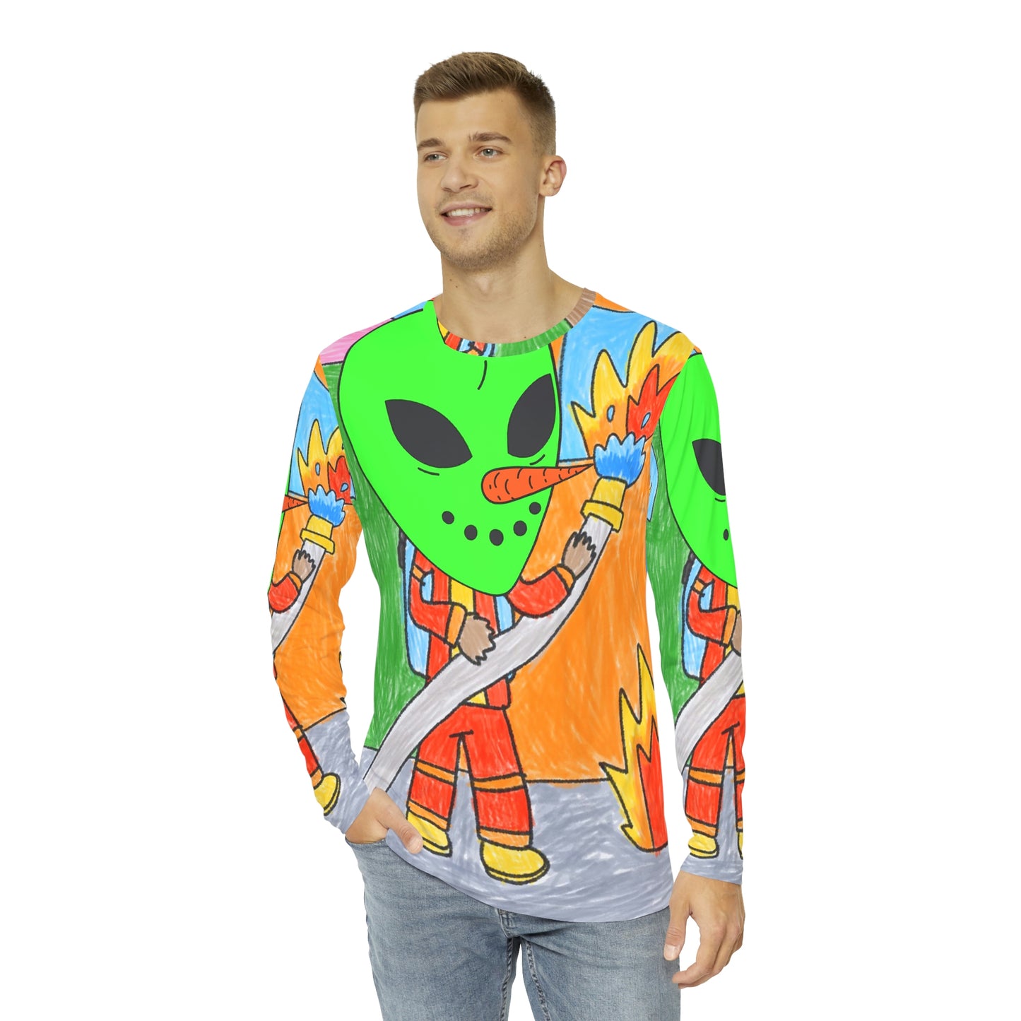 Fire Fighter Alien Veggie Visi Vegetable Visitor Men's Long Sleeve AOP Shirt