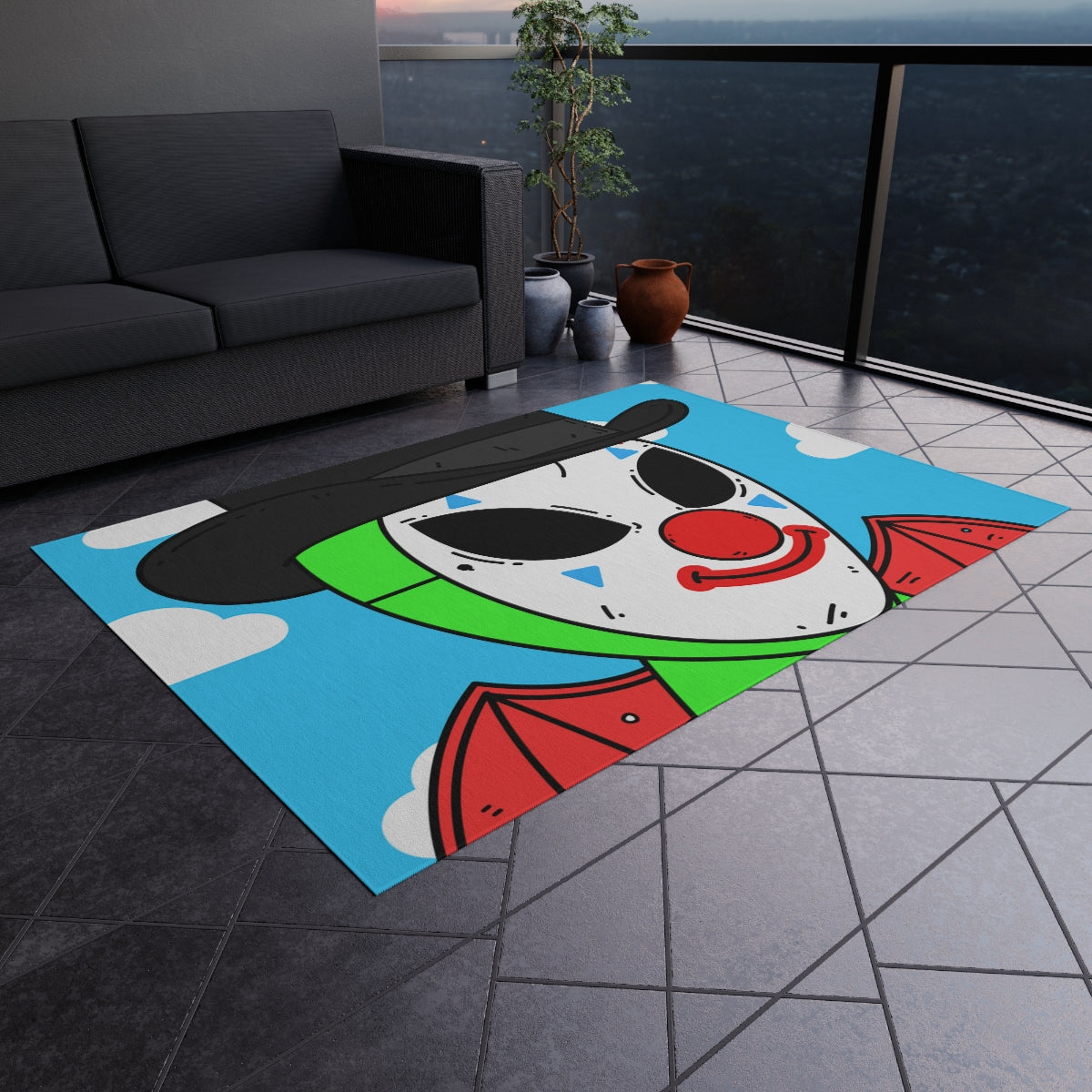 Clown Visitor Green Alien w/ Devil Wings Outdoor Rug