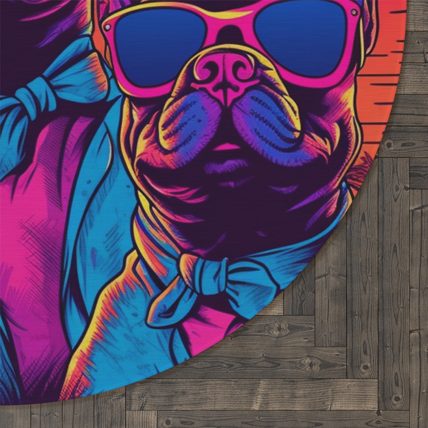 Retro Synthwave French Bulldogs Cartoon - Animated Summer Design Round Rug