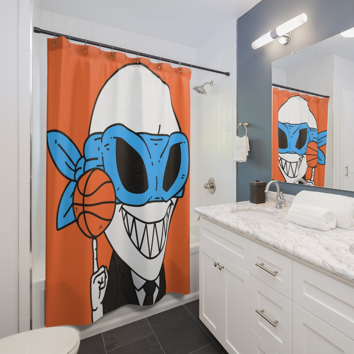 Alien BBall Sport Ninja Mask Big Smile Teeth Game Player Orange Basketball Shower Curtains