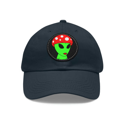 Mushroom Head Green Alien Visitor w/ Red Lips Dad Hat with Leather Patch (Round)