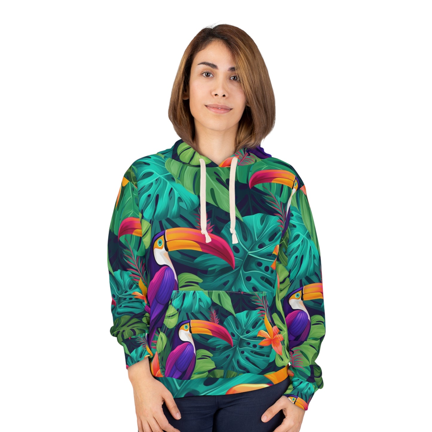 Vivid Tropical Birds &amp; Leaves - Sudadera con capucha unisex con estampado sin costuras (AOP) 