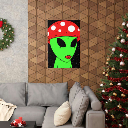 Mushroom Head Green Alien Visitor w/ Red Lips Premium Matte Vertical Posters