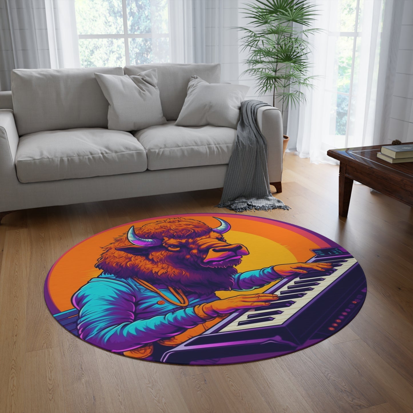 American Bison Buffalo PianoKeyboard Music Player Round Rug