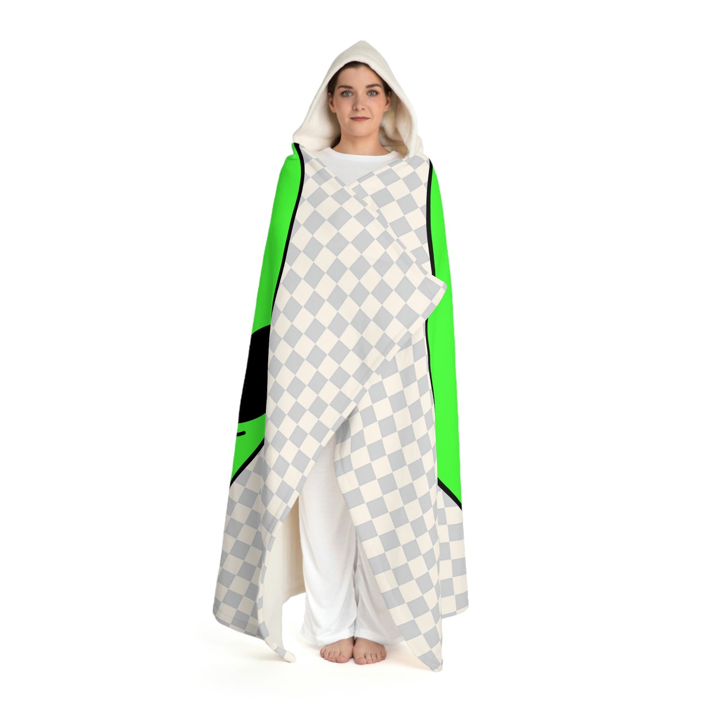 Green Alien Sharp Teeth Mouth Striped Black White Shirt Visitor Hooded Sherpa Fleece Blanket