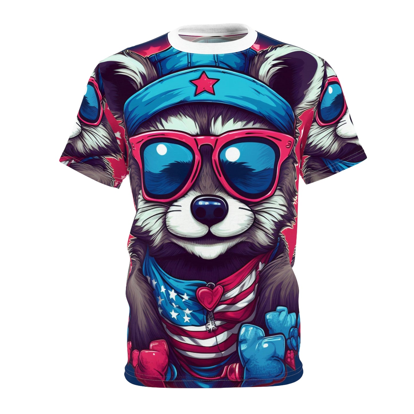 Cute Furry Raccoon Animal USA Flag Style Unisex Cut & Sew Tee (AOP)