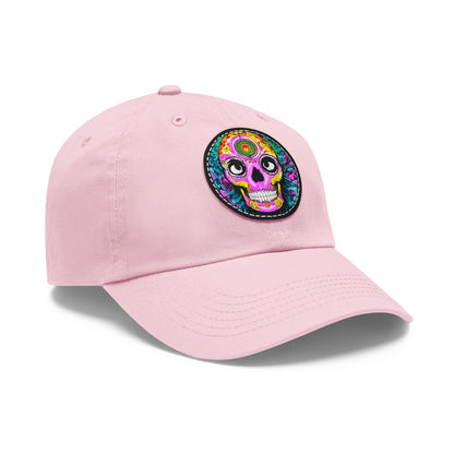 Trippy psychedelic Skull Skeleton Head Face Dad Hat with Leather Patch (Round)