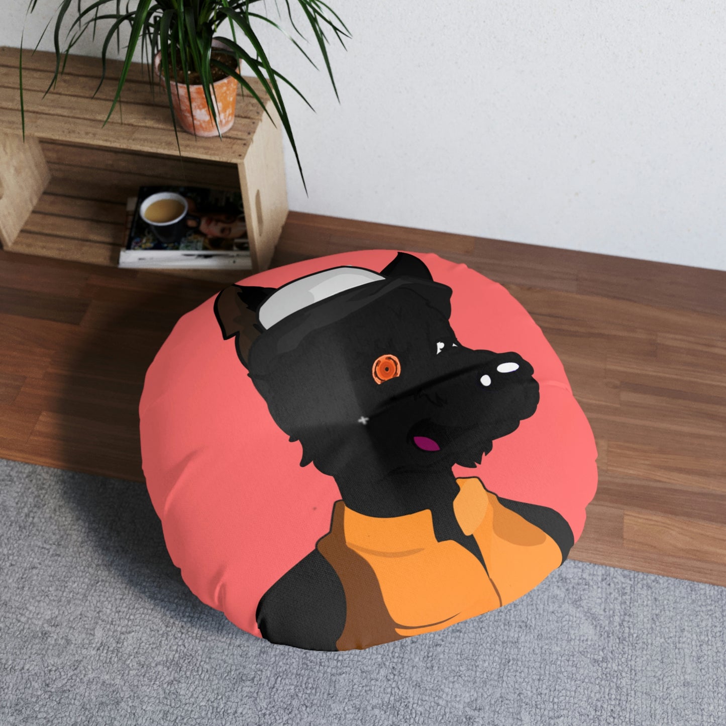 Puffy Jacket Cyborg Wolf Tufted Floor Pillow, Round