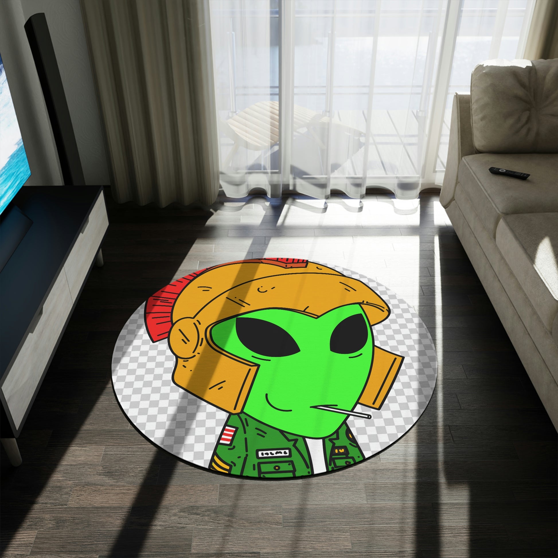 Spartan Helmet Military Jacket Lolipop Mouth Green Alien Visitor Round Rug - Visitor751