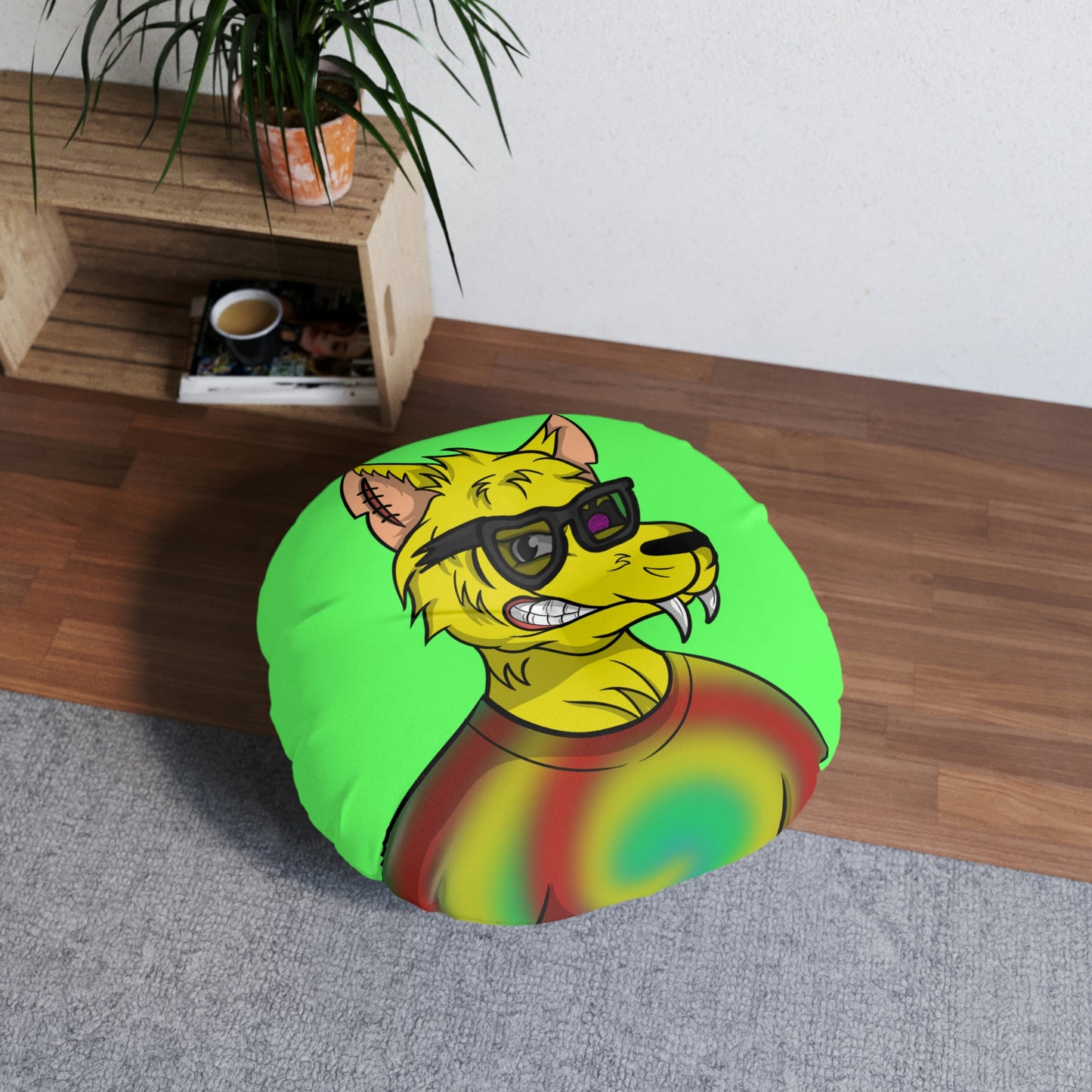 Wolve Cyborg Tie Dye Wolf Shirt Yellow Fur Cool Sun Glasses Tufted Floor Pillow, Round