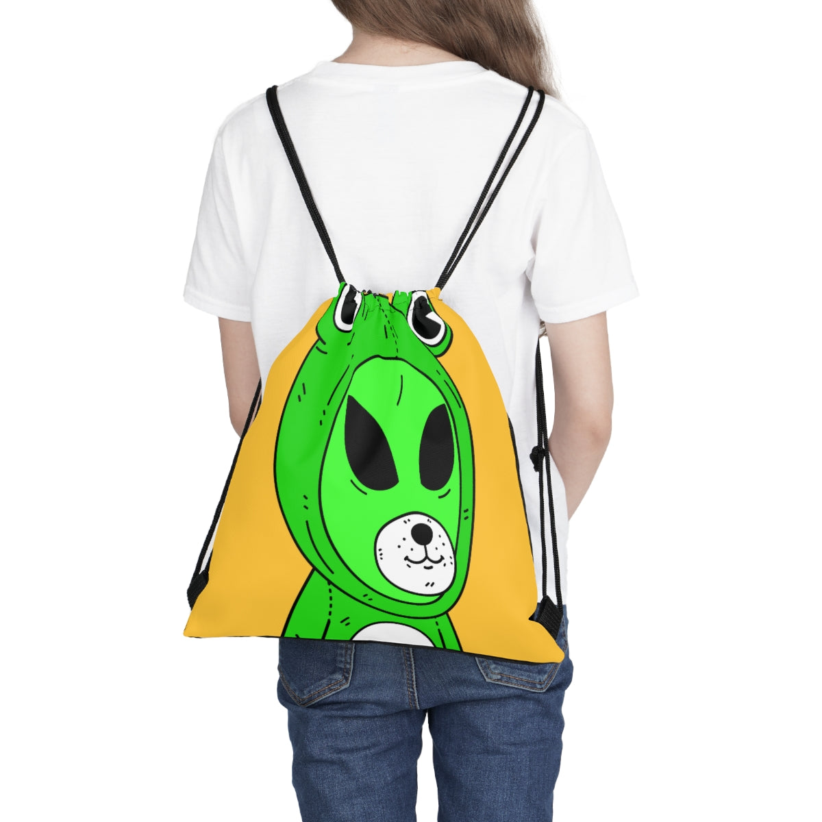 Green Kek Frog Alien Space Character Cartoon Dog Bear Face Visitor Outdoor Drawstring Bag