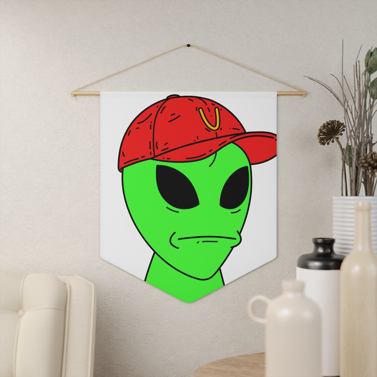 Green Visitor Alien Large Face Red V Hat Pennant