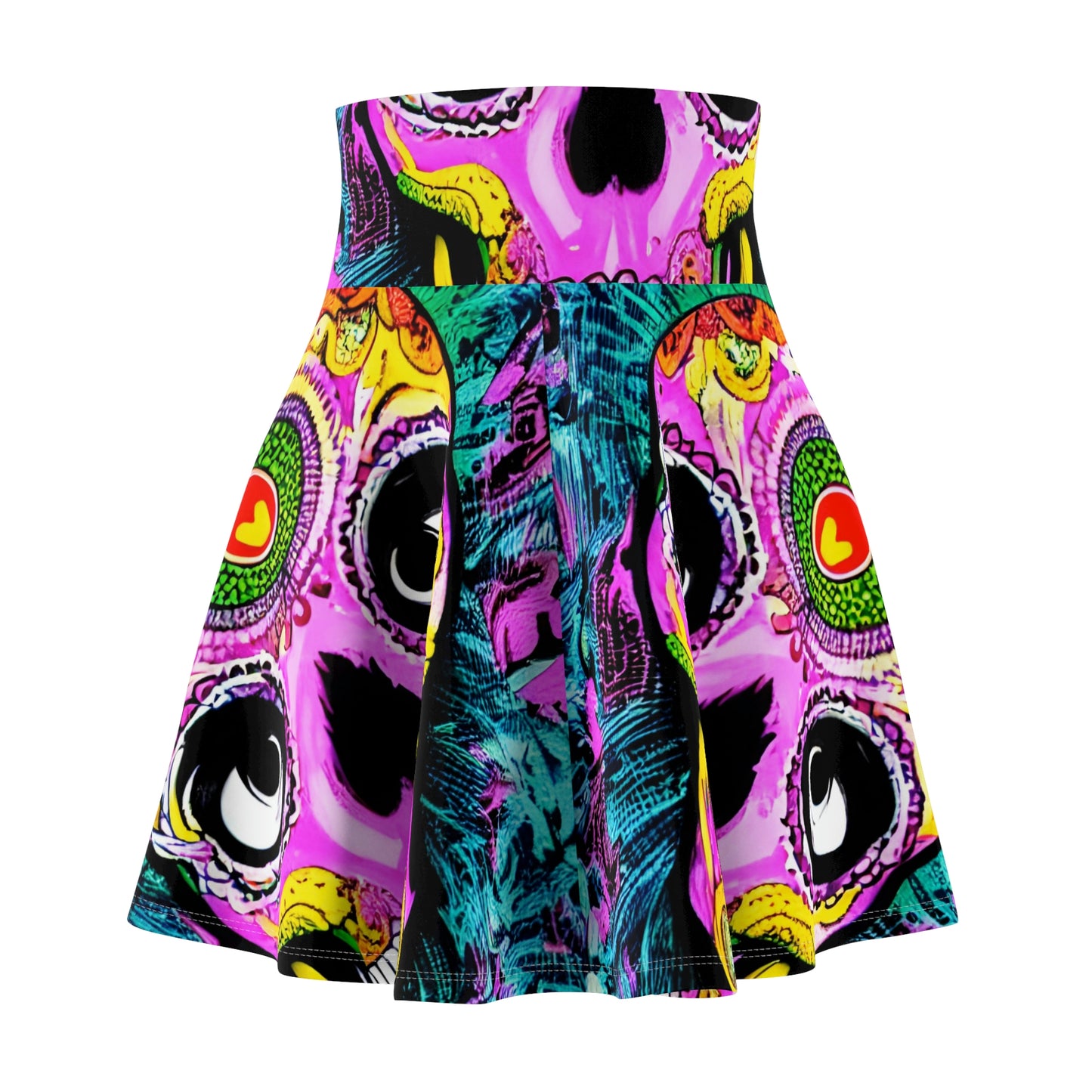 Trippy psychedelic Skull Skeleton Head Face Women's Skater Skirt