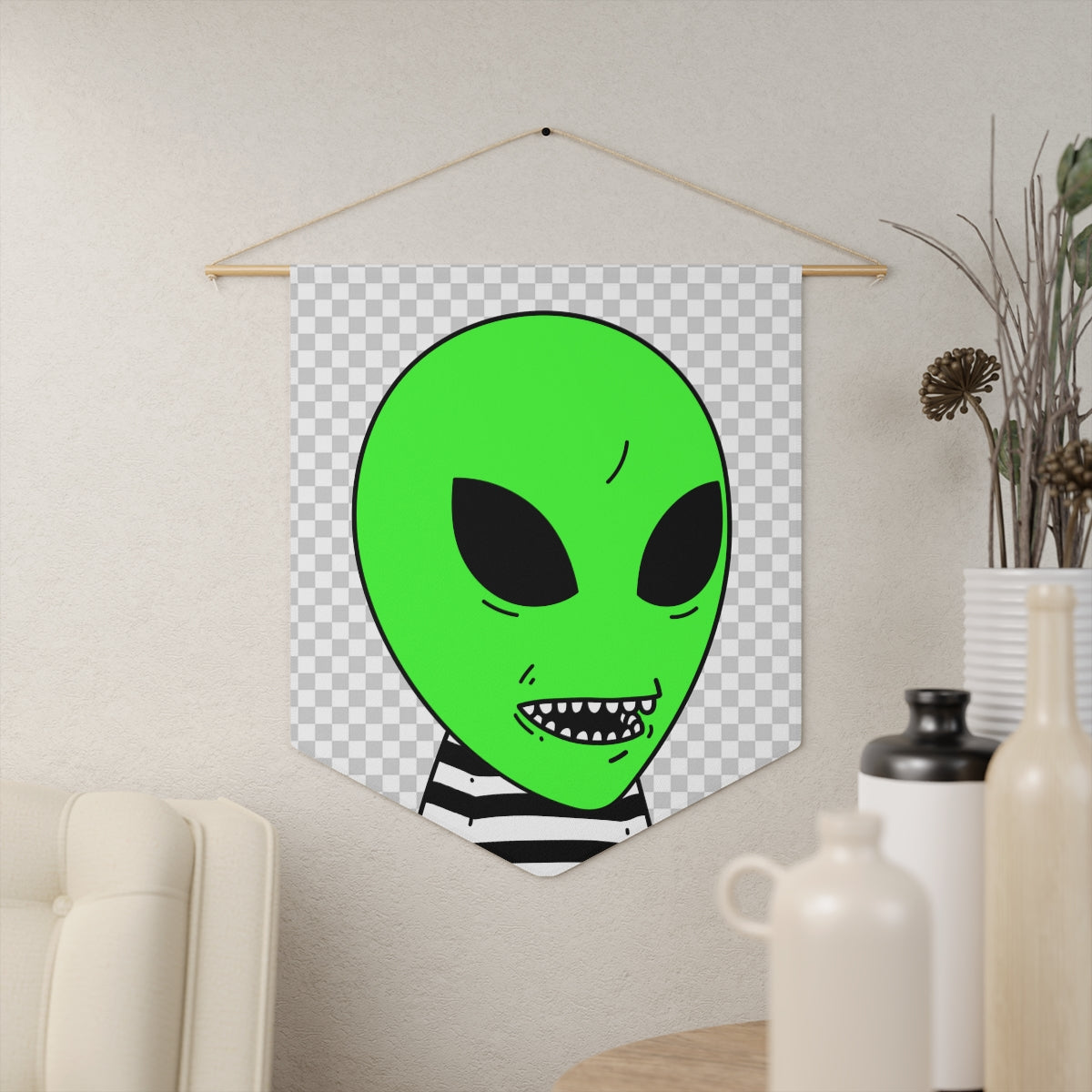 Green Alien Sharp Teeth Mouth Striped Black White Shirt Visitor Pennant