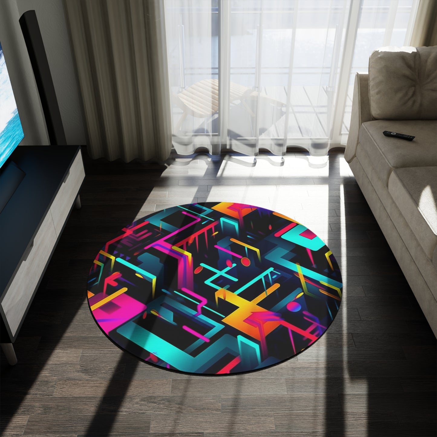 Vibrant Trendy Neon Abstract Geometric Pattern Design Round Rug