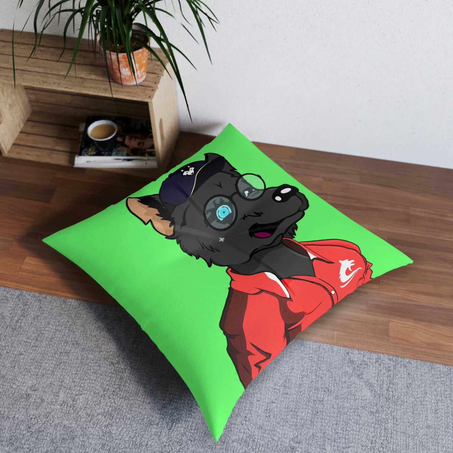 Cyborg Wolf Pack Red Sport Jacket Wolve Tufted Floor Pillow, Square
