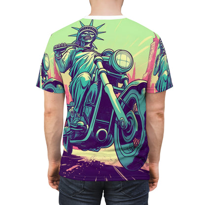 Statue of Liberty Motorcycle Bike Rider USA Style Unisex Cut & Sew Tee (AOP)