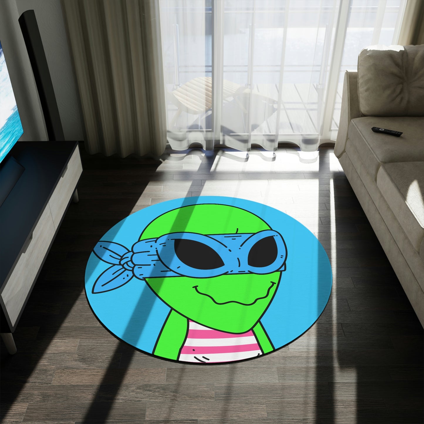 Blue Ninja Superhero Striped Shirt Alien Green Visitor Round Rug - Visitor751