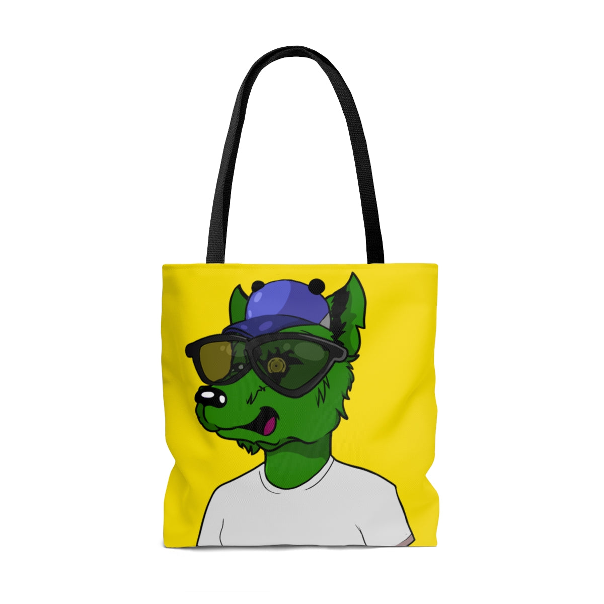 Cyborg Wolve Large Black Sunglasses Green Wolf Fur White T Shirt AOP Tote Bag