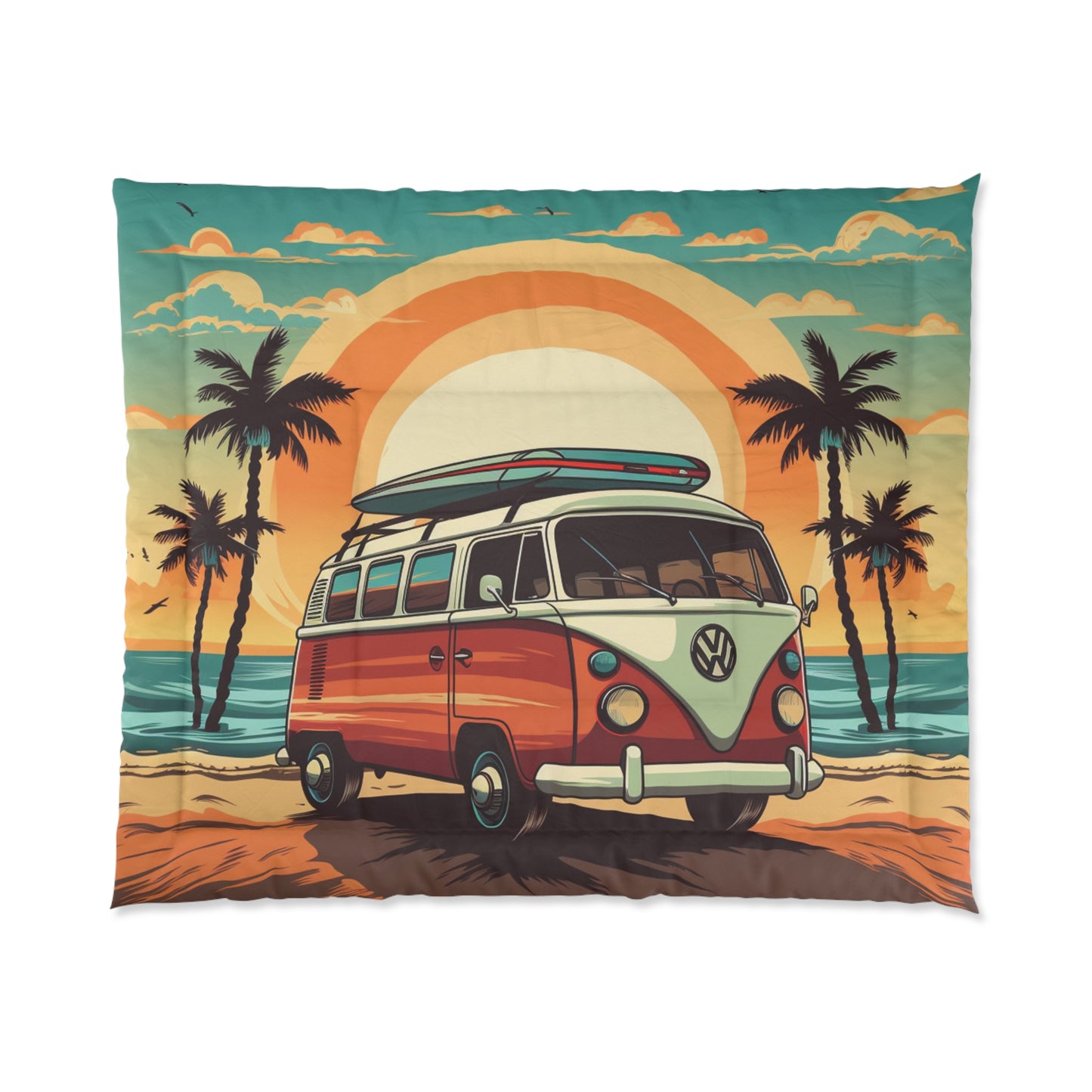 Retro Beach Camper Van - Sunset Surfboard Scene Comforter