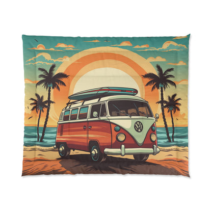 Retro Beach Camper Van - Sunset Surfboard Scene Comforter