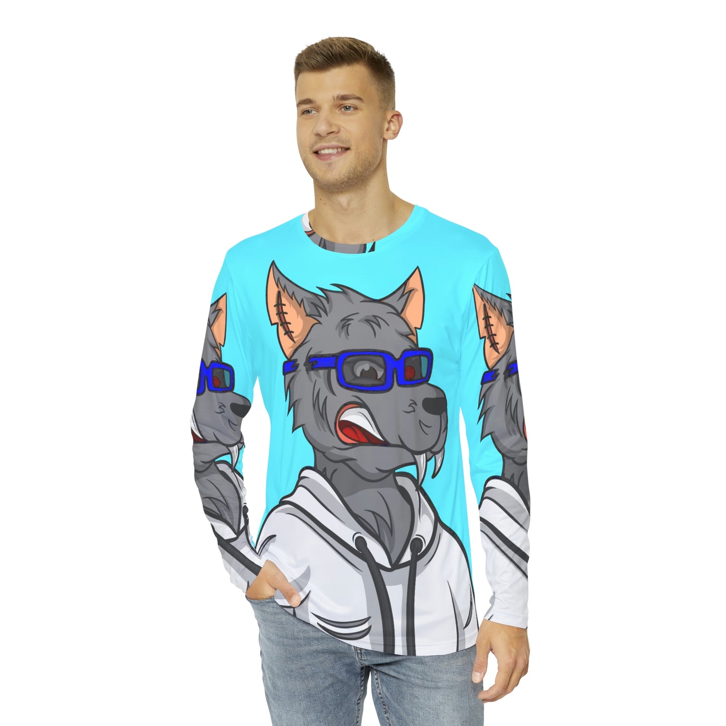 Wolf Grey Blue Cyborg Glasses White Sweatshirt Hoodie Men's Long Sleeve AOP Shirt