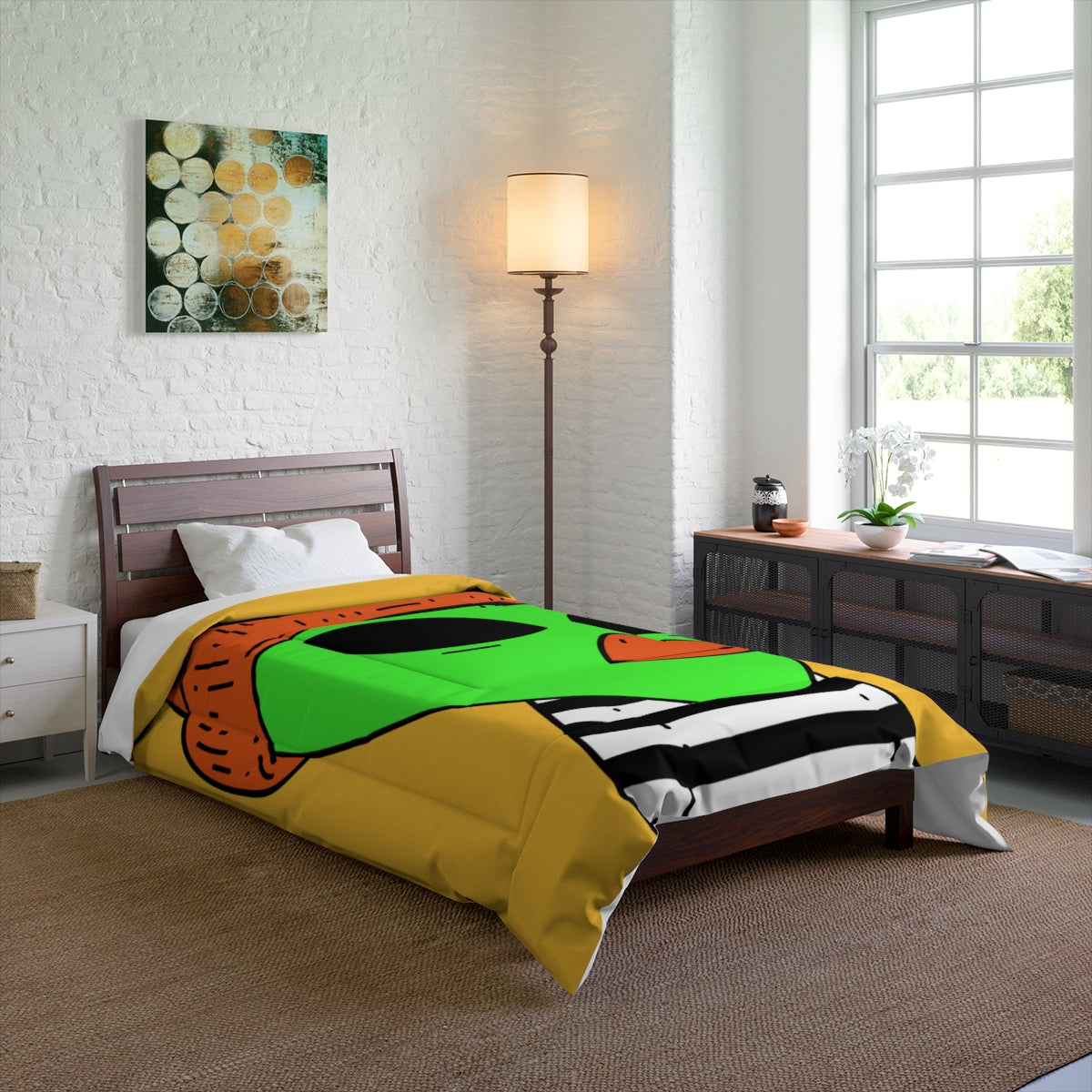 Burb Beak Green Alien Orange Peace Hat Black White Striped Shirt Bed Comforter