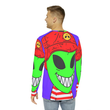 Alien Character Cartoon Red Hat Striped Shirt Big Smile Men's Long Sleeve AOP Shirt