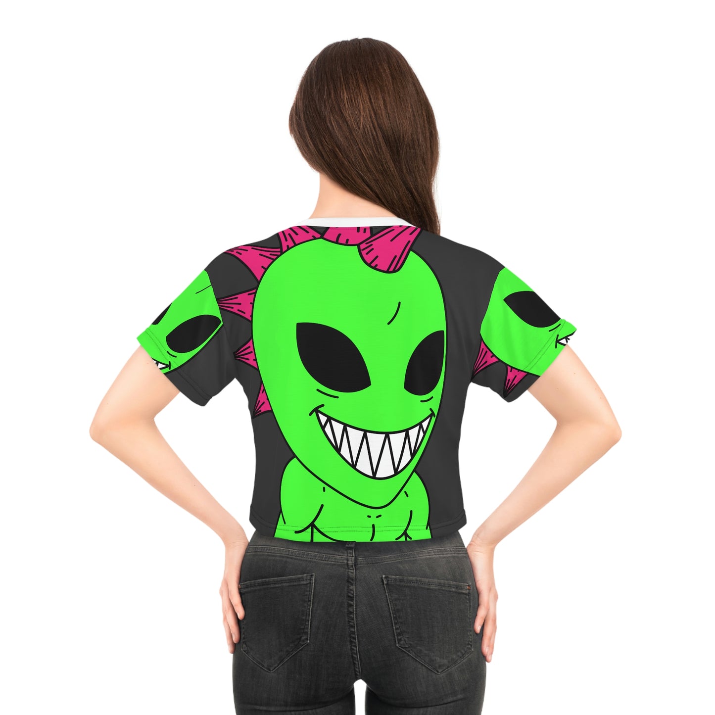 Spiked Pink Hair Muscle Alien Visitor Crop Tee (AOP)