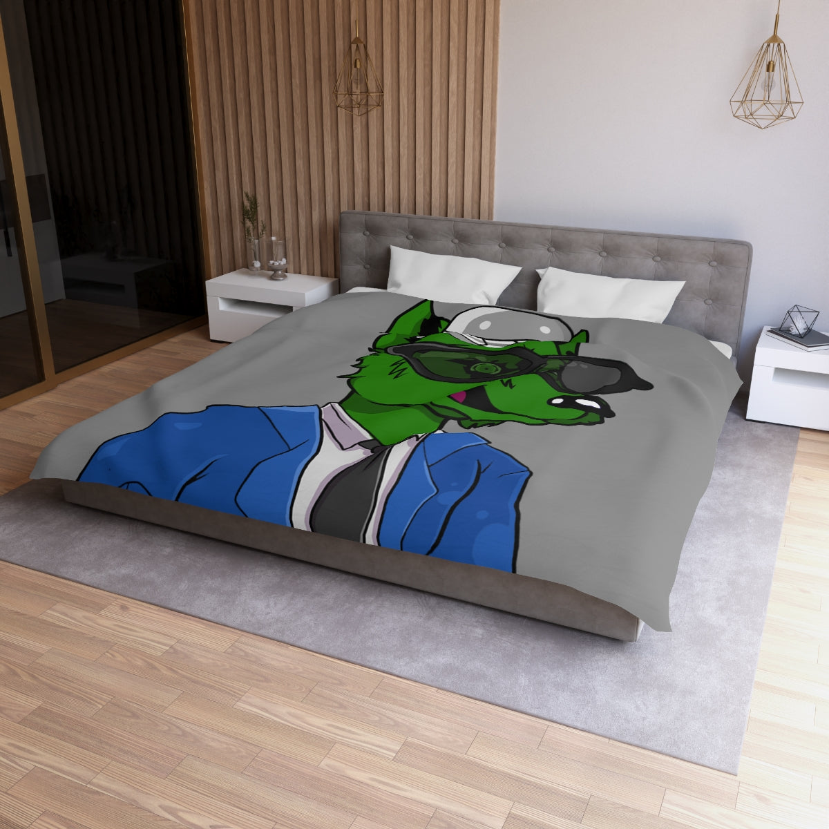 Cyborg Wolf Blue Suit Black Tie Green Fur Black Shades grey Fedora Microfiber Duvet Cover