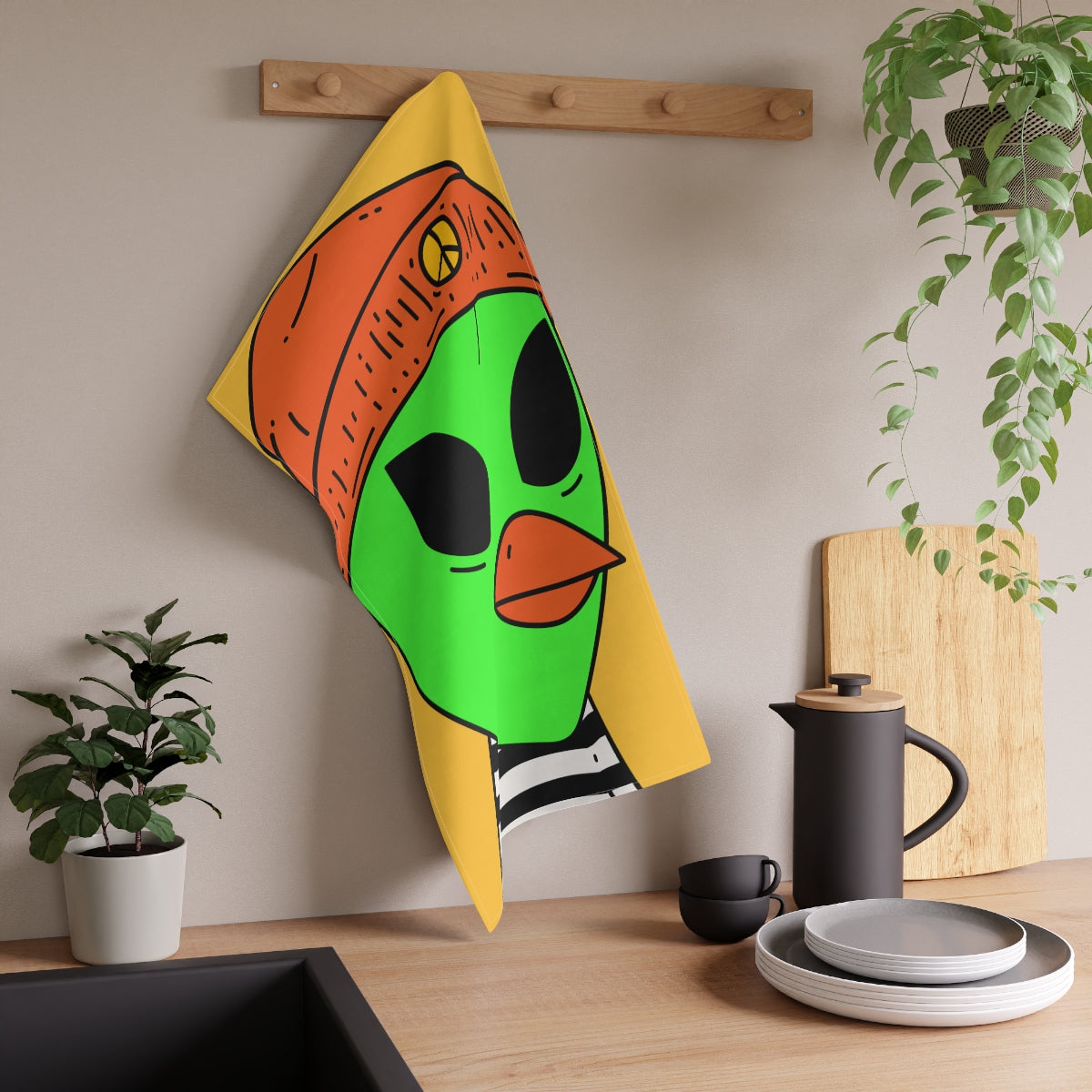 Burb Beak Green Alien Orange Peace Hat Black White Striped Shirt Kitchen Towel