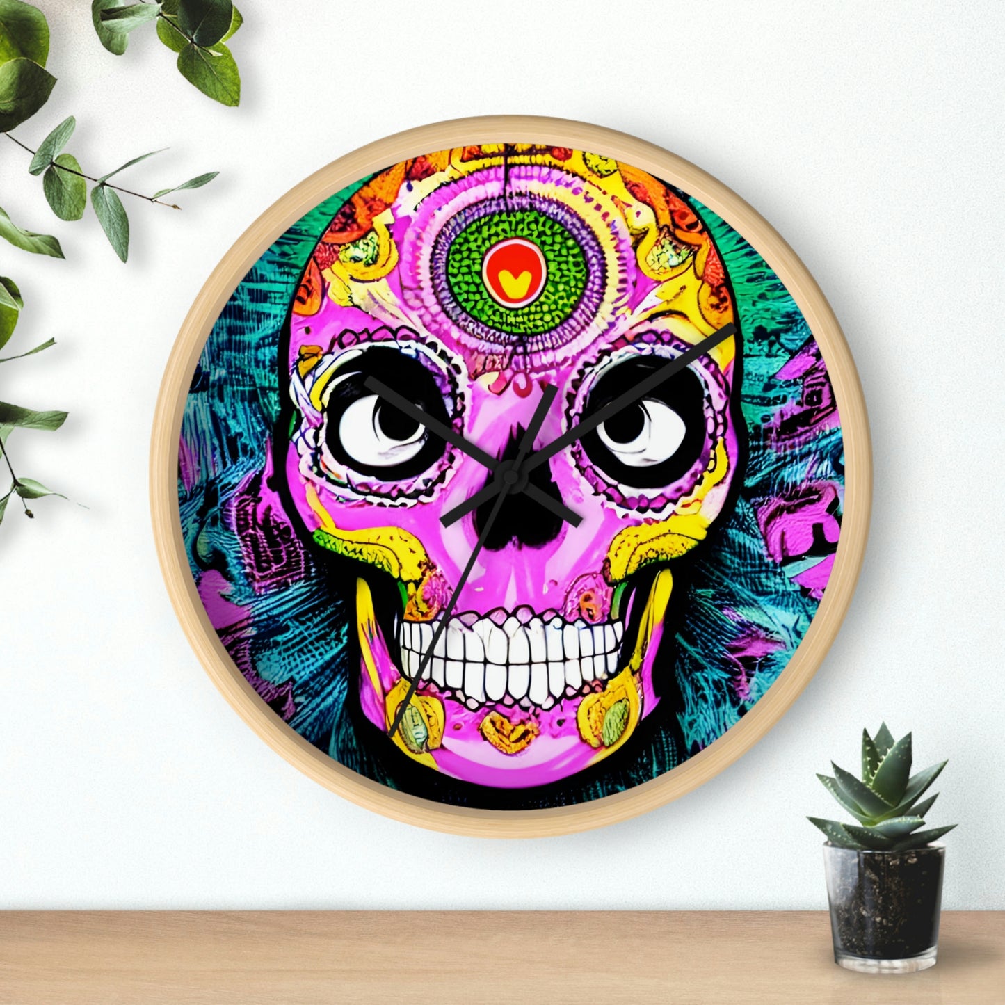 Trippy psychedelic Skull Skeleton Head Face Wall clock