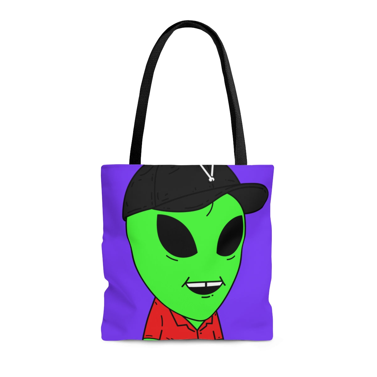 Missing Tooth Smile Red Collar Green Alien with Visitor V Black Hat AOP Tote Bag