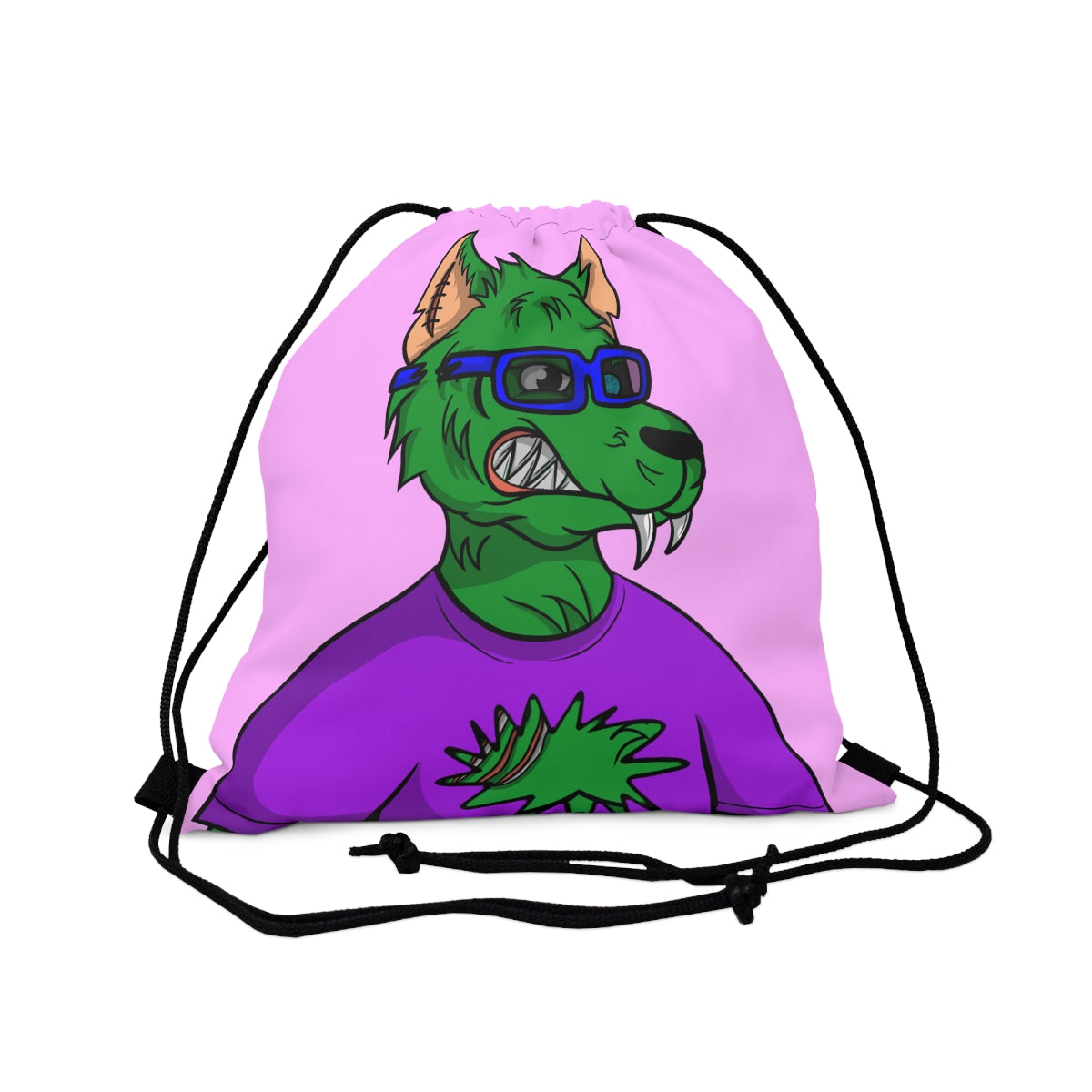 Lobo Piel verde Cyborg Lobo Gafas Camisa morada Ciencia ficción al aire libre Mochila saco