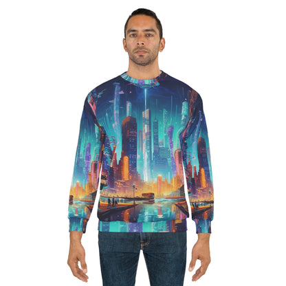 Sudadera unisex futurista de neón Cyberpunk Cityscape Art Design (AOP)