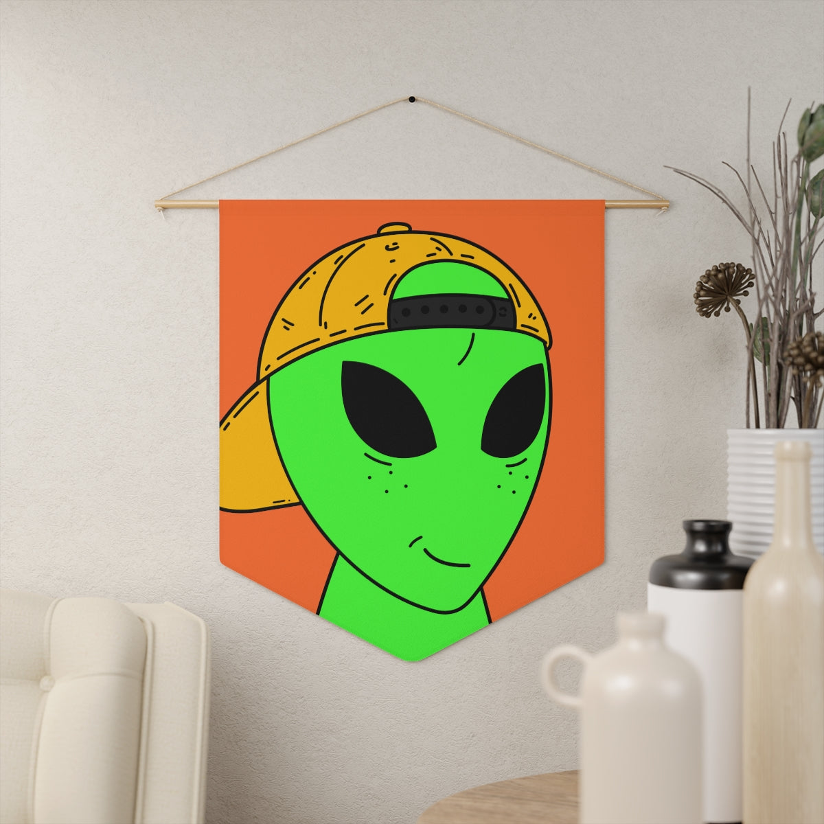 Green Freckle Alien Yellow Hat Visitor Pennant