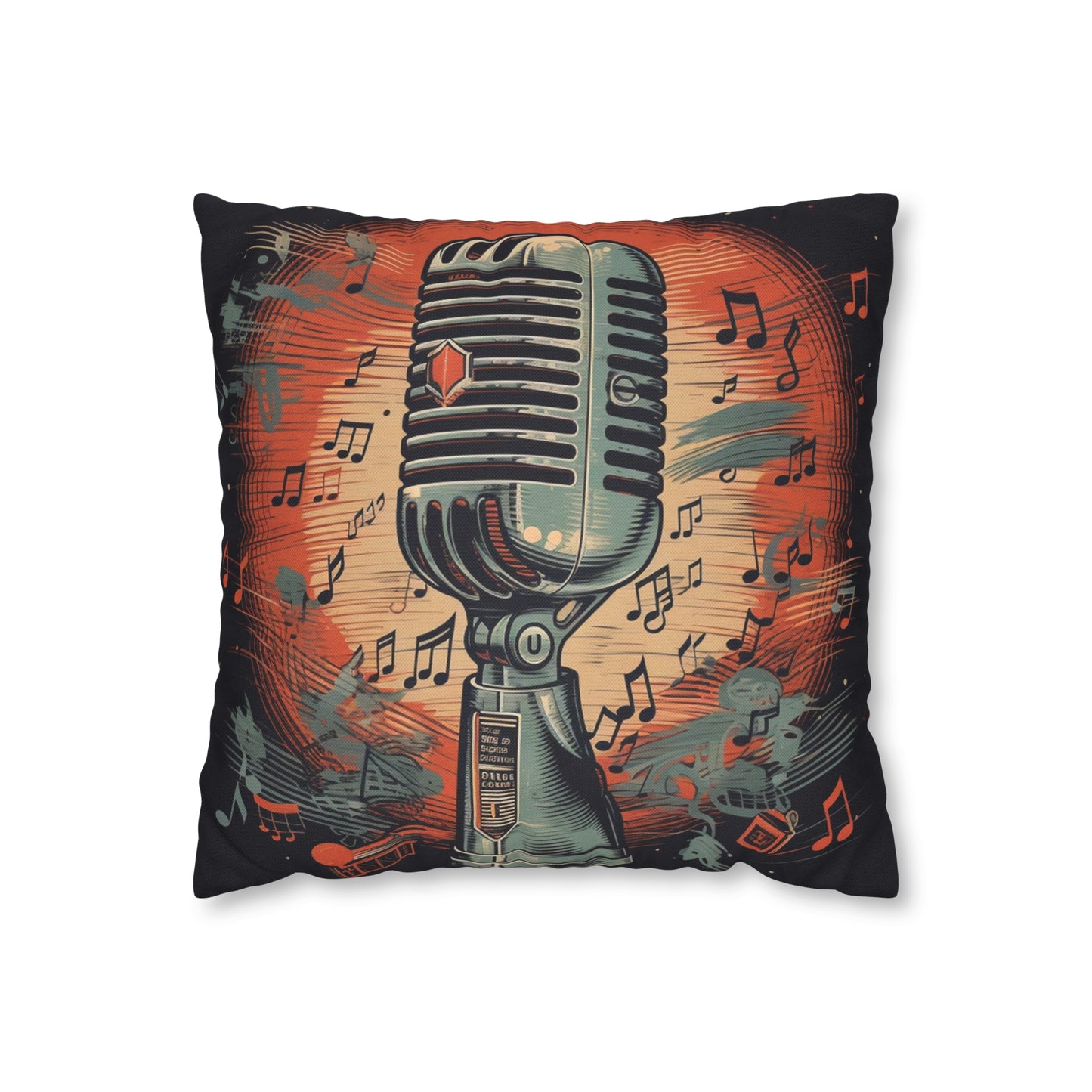 Micrófono retro y notas musicales - Funda de almohada cuadrada de poliéster hilado con diseño de estilo vintage 