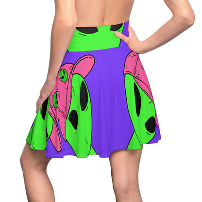 Green Alien V Face Pink Visi hat Visitor Women's Skater Skirt