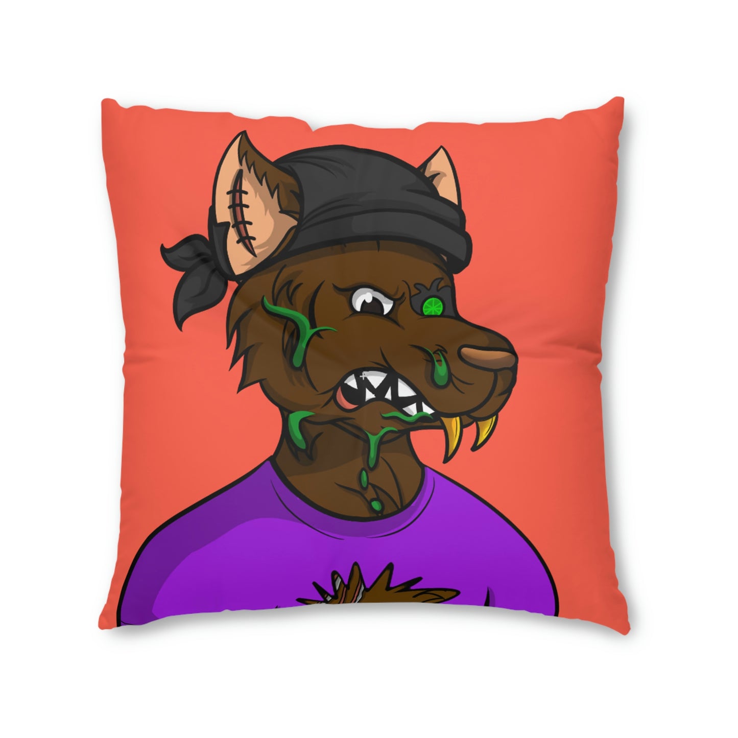 Brown Fur Wolve Cyborg Black Bandana Wolf Tufted Floor Pillow, Square