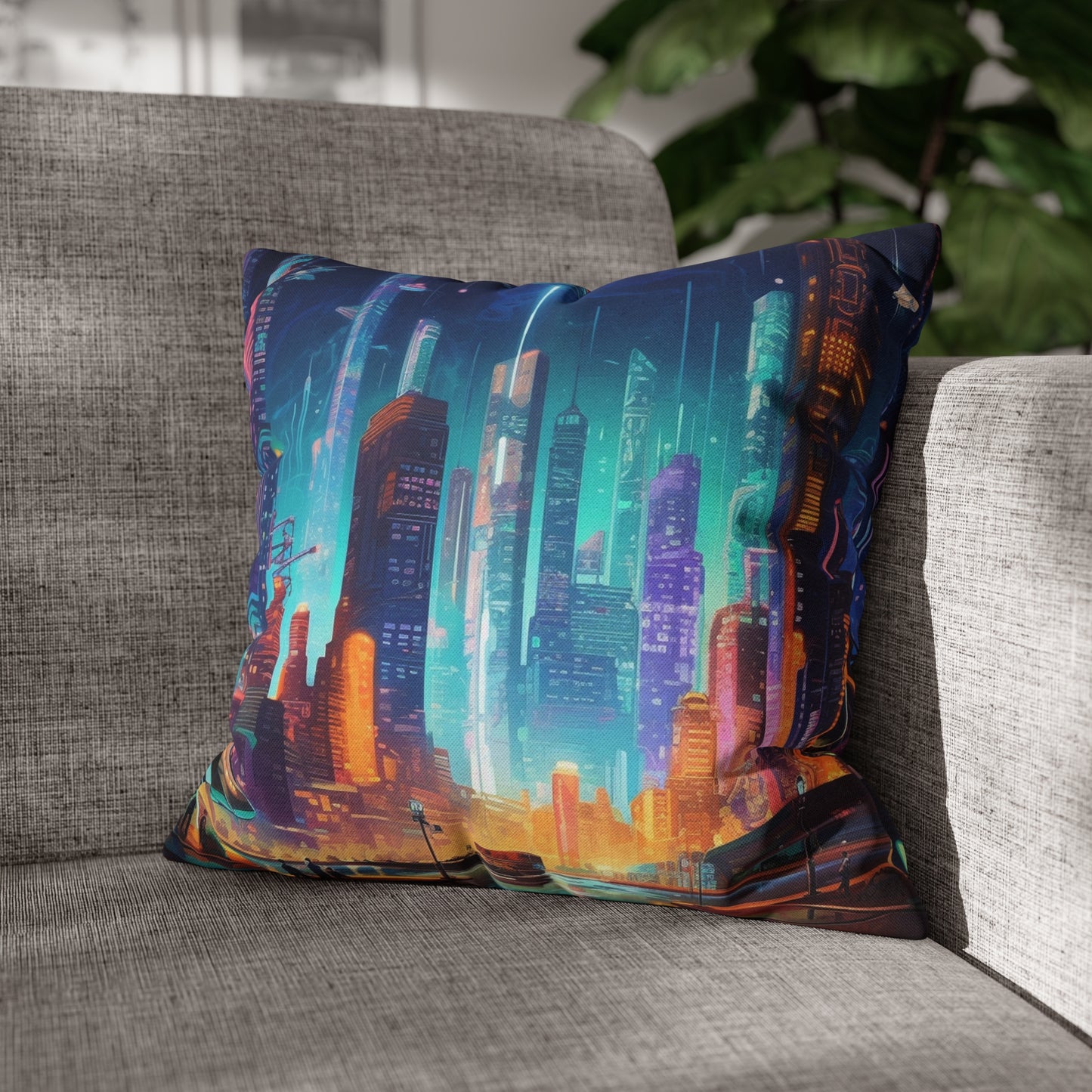 Futuristic Neon Cyberpunk Cityscape Art Design Spun Polyester Square Pillow Case