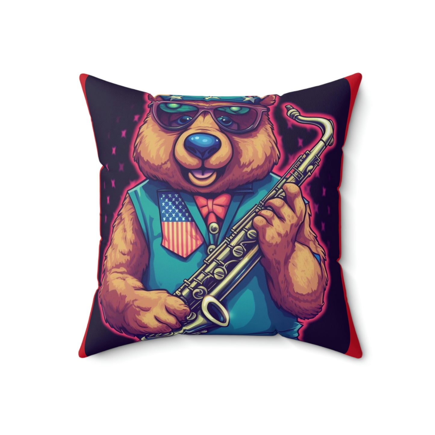 Jazz Stars and Stripes: Celebrate 4th of July with the Patriotic Bear's Saxophone Spun Polyester Square Pillow